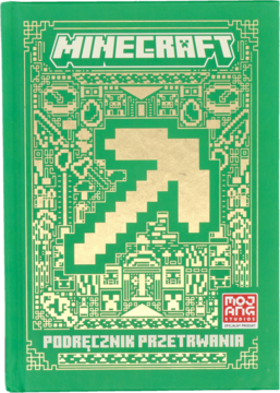 Zielona książka Minecraft Podręcznik Przetrwania, twarda okładka ze złotym pikselowym kilofem na środku.