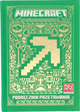 Zielona książka Minecraft Podręcznik Przetrwania, twarda okładka ze złotym pikselowym kilofem na środku.