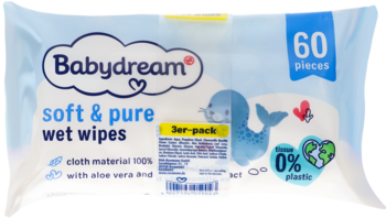 Babydream soft & pure wet wipes, 60 sztuk, białe opakowanie z niebieskim napisem, przód. Zawiera aloes, 0% plastiku.