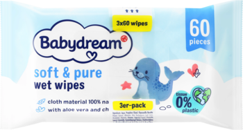 Widok z przodu białego opakowania Babydream soft & pure wet wipes, 60 sztuk, z niebieską foką i '0% plastic'.