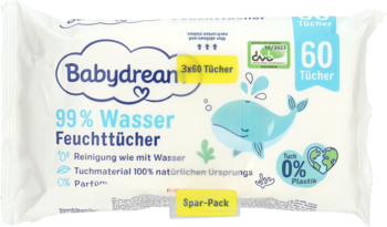 Wilgotne chusteczki Babydream 99% Woda, biała paczka 60 sztuk, przód, z rysunkiem wieloryba, 0% plastiku.