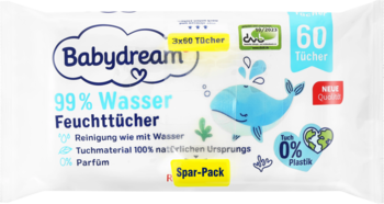 Babydream 99% Wasser Feuchttücher, opakowanie 60 sztuk, biało-niebieskie z wielorybem, 0% plastiku, widok z przodu.