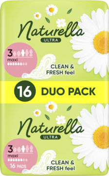 Naturella Ultra podpaski maxi 32 sztuk, duo pack, zielone z stokrotkami, z hasłem 'Clean & Fresh feel'.