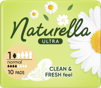 Zielone opakowanie podpasek Naturella Ultra Normal, 10 sztuk, z rumiankami, widok z przodu, napis: Clean & Fresh feel.