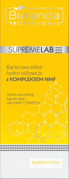 Bielenda Supremelab Hydra-nourishing elixir with NMF Complex in a yellow and silver box with honeycomb pattern, front view.