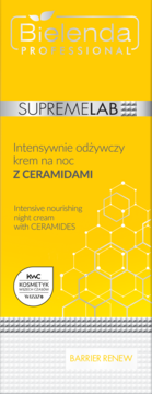 Bielenda Supremelab Barrier Renew intensywnie odżywczy krem na noc Z CERAMIDAMI, żółte pudełko, widok z przodu.