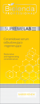 Żółto-szare opakowanie Bielenda SUPREMELAB Ceramidowe serum odbudowujące, z białymi sześciokątami i BARRIER RENEW.
