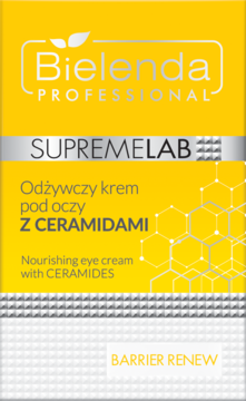 Żółto-srebrny kartonik Bielenda Supremelab Barrier Renew: Odżywczy krem pod oczy z ceramidami, widok z przodu.