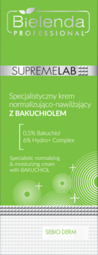 Bielenda Supremelab Sebio Derm, zielony normalizujący krem z Bakuchiolem, widok z przodu opakowania.