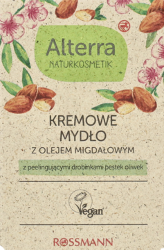Alterra Naturkosmetik kremowe mydło z olejem migdałowym i peelingującymi pestkami oliwek, wegańskie. Front opakowania.