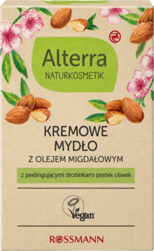 Alterra Naturkosmetik mydło kremowe migdałowe z peelingiem. Kartonowe opakowanie z ilustracją migdałów, przód.
