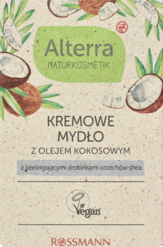 Alterra Kremowe Mydło z olejem kokosowym i peelingiem z łupin shea, wegańskie, beżowe opakowanie.