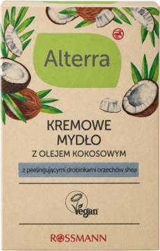 Alterra Kremowe Mydło z Olejem Kokosowym i peelingującymi drobinkami shea, beżowe opakowanie, przód.