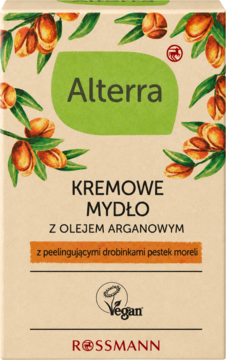 Alterra Kremowe Mydło z olejem arganowym i pestkami moreli, beżowe opakowanie z ilustracją owoców arganowca, front.