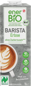 EnerBiO Barista Erbse napój groszkowy, 1L, bez cukru, wegański, z kawą latte art na szarym kartonie, widok z przodu.