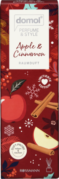 Domol Perfume & Style, odświeżacz Apple & Cinnamon, edycja limitowana. Czerwony karton z jabłkiem i cynamonem.