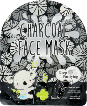 Look At Me Charcoal Face Mask z węglem aktywnym, czarno-biała saszetka z koalą, widok z przodu.