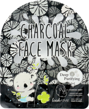 Look At Me Charcoal Face Mask z węglem aktywnym, czarno-biała saszetka z koalą, widok z przodu.