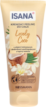 Isana Kremowy Peeling Lovely Coco w beżowej tubie, widok z przodu. Z grafiką kokosów, olej kokosowy i peeling z łupin.