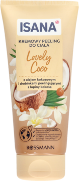 Isana Kremowy Peeling Lovely Coco w beżowej tubie, widok z przodu. Z grafiką kokosów, olej kokosowy i peeling z łupin.