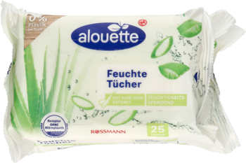 Alouette Bio Aloe Vera chusteczki nawilżane, białe opakowanie 25 sztuk, delikatne, z aloesem, widok z przodu.