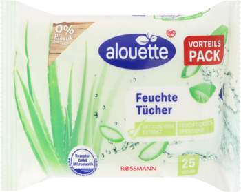 Alouette chusteczki nawilżane Bio Aloe Vera 25 sztuk, białe opakowanie z grafiką aloesu i logo Rossmann, widok z przodu.