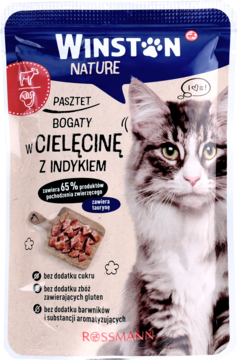 Niebieska saszetka karmy dla kota Winston Nature pasztet z cielęciną i indykiem, z wizerunkiem kota, bez zbóż.