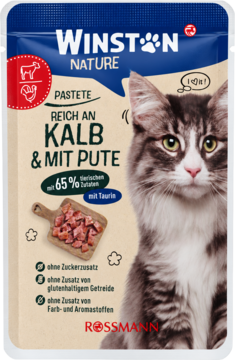 Winston Nature karma dla kotów, pasztet z cielęciną i indykiem, niebieska saszetka z kotem i składem 65% mięsa.