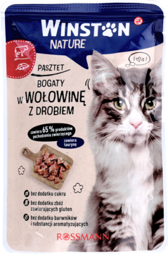 Winston Nature karma dla kota pasztet wołowina drób, niebieska saszetka z kotem. Bez zbóż i cukru.