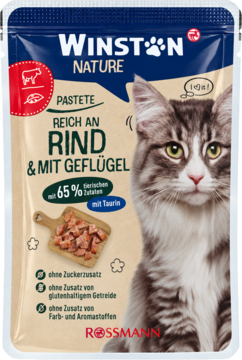 Winston Nature karma dla kota, pasztet wołowina i drób. Niebiesko-beżowa saszetka z kotem.
