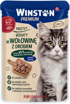 Winston Premium karma dla kotów, pasztet z wołowiną i drobiem w niebiesko-beżowej saszetce z kotem.
