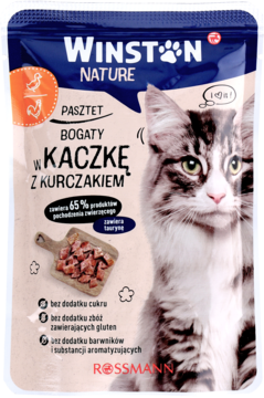 Winston Nature karma dla kota pasztet z kaczką i kurczakiem, 65% mięsa, bez zbóż, w saszetce, widok z przodu.