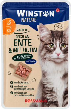 Winston Nature karma dla kota pasztet z kaczką i kurczakiem, 65% mięsa, widok przodu saszetki z kotem.