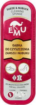 Różowa gąbka EMU do czyszczenia zamszu i nubuku do wszystkich kolorów, z ptakiem emu, widok z przodu.