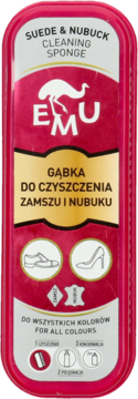 Różowa gąbka EMU do czyszczenia zamszu i nubuku do wszystkich kolorów, z ptakiem emu, widok z przodu.
