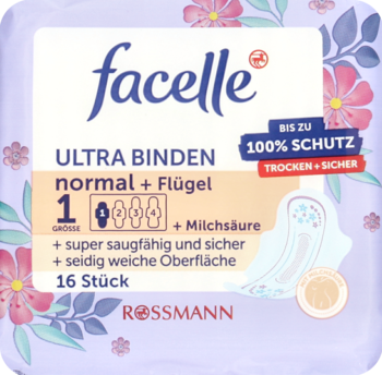 Podpaski facelle ULTRA BINDEN normal+Flügel, fioletowe opakowanie z kwiatami, Milchsäure, 16 sztuk.