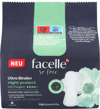 Facelle Ultra Binden night protect ze skrzydełkami (8 sztuk) na ciemnym opakowaniu z zieloną górą, widok z przodu.
