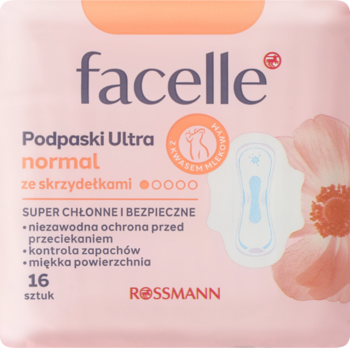 Jasnoróżowe opakowanie podpasek facelle Ultra normal ze skrzydełkami, z ilustracją białej podpaski i logo Rossmann.