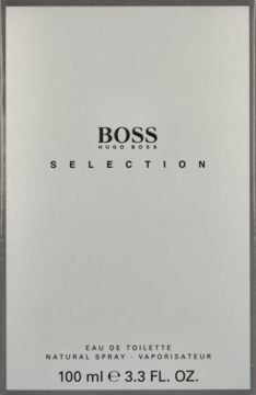 Srebrzyste pudełko wody toaletowej Hugo Boss Selection 100 ml, z czarnym napisem, widok z przodu.