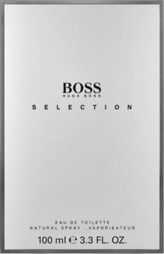 Front opakowania męskiej wody toaletowej Hugo Boss Selection 100ml, jasnoszare, z czarnym napisem BOSS.