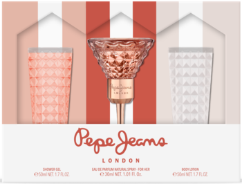 Zestaw Pepe Jeans London: perfumy w różowo-złotym flakonie kieliszka, żel i balsam w ozdobnym pudełku.