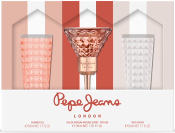 Zestaw Pepe Jeans London: perfumy w różowo-złotym flakonie kieliszka, żel i balsam w ozdobnym pudełku.