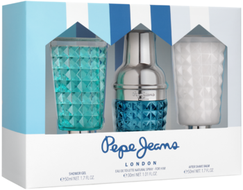 Zestaw kosmetyków Pepe Jeans For Him: woda toaletowa (flakon shaker), żel, balsam w niebiesko-białym pudełku.