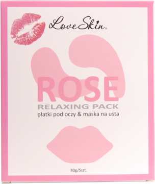 Love Skin Rose Relaxing Pack: hydrożelowe płatki pod oczy i maska na usta, w różowo-białym opakowaniu.