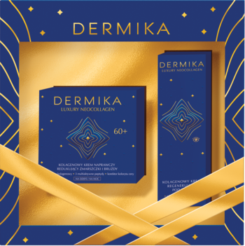 Zestaw Dermika Luxury Neocollagen 60+ w granatowo-złotym opakowaniu prezentowym, dwa produkty widoczne z przodu.