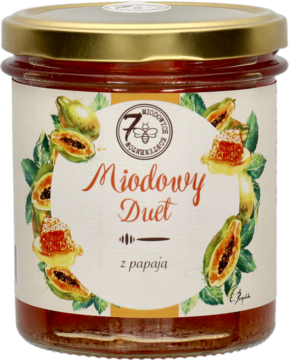 Słoik miodu Miodowy Duet z papają, przezroczysty, ze złotą nakrętką i etykietą z rysunkiem papai, widok z przodu.