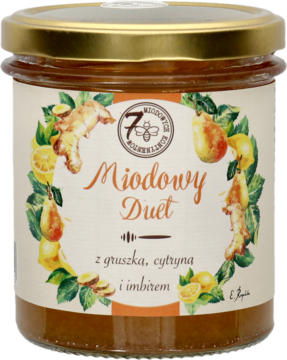 Złoty słoik Miodowy Duet: miód z gruszką, cytryną i imbirem. Kremowa etykieta z owocami. Widok z przodu.