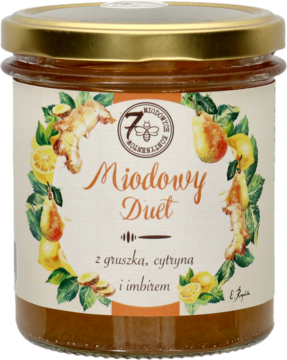 Złoty słoik Miodowy Duet: miód z gruszką, cytryną i imbirem. Kremowa etykieta z owocami. Widok z przodu.