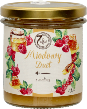 Słoik miodu Miodowy Duet z maliną. Przezroczysty, z miodem wielokwiatowym i pastą malinową, złota zakrętka, widok z przodu.