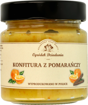 Słoik konfitury pomarańczowej Ogódek Dziadunia z cynamonem o obniżonej zawartości cukru, etykieta.